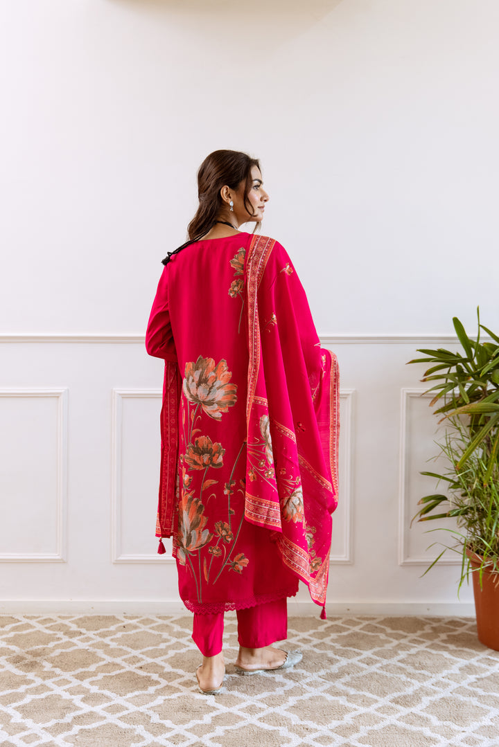 womens Pink Modal Muslin Kurta Pant and Dupatta Set