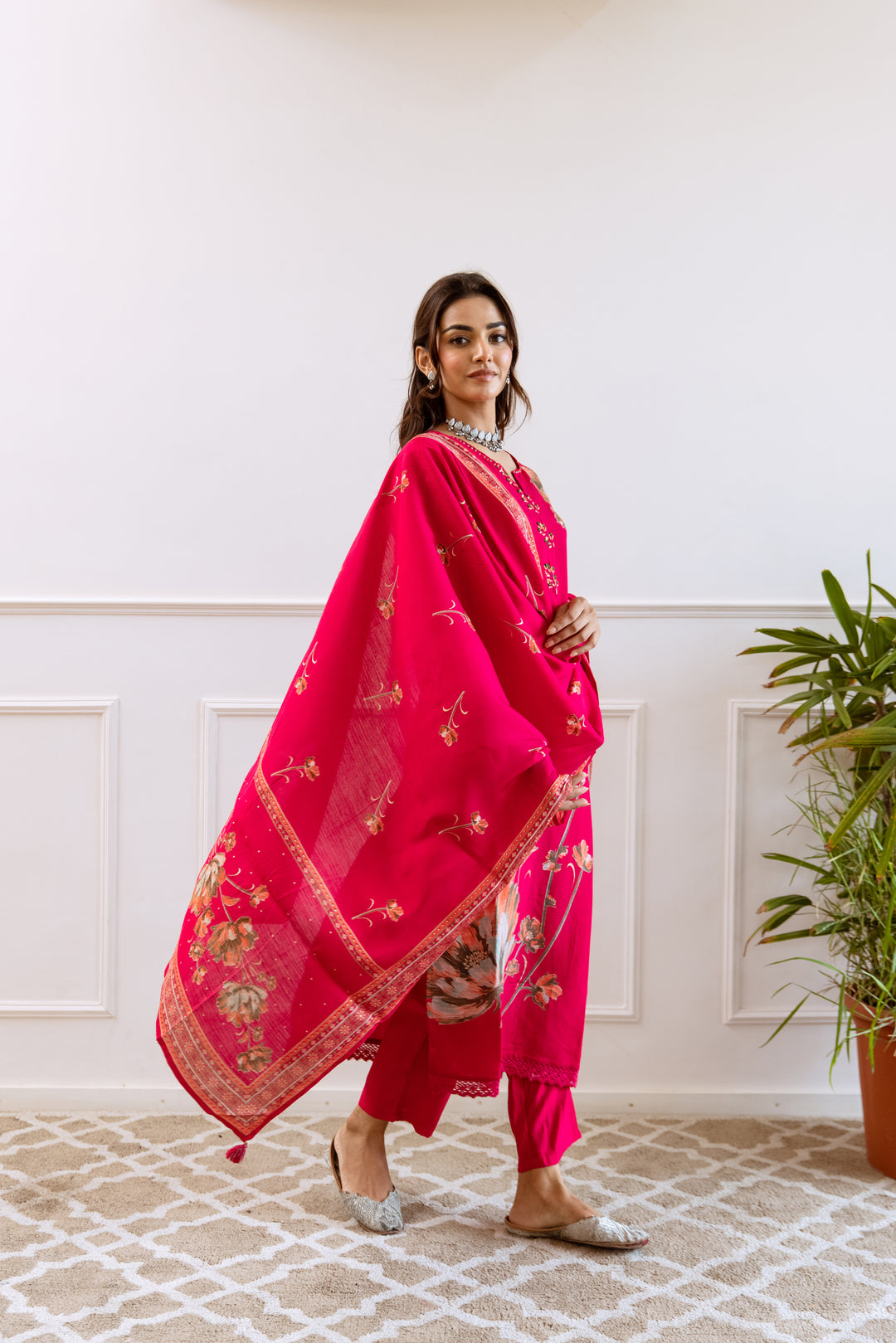 womens Pink Modal Muslin Kurta Pant and Dupatta Set