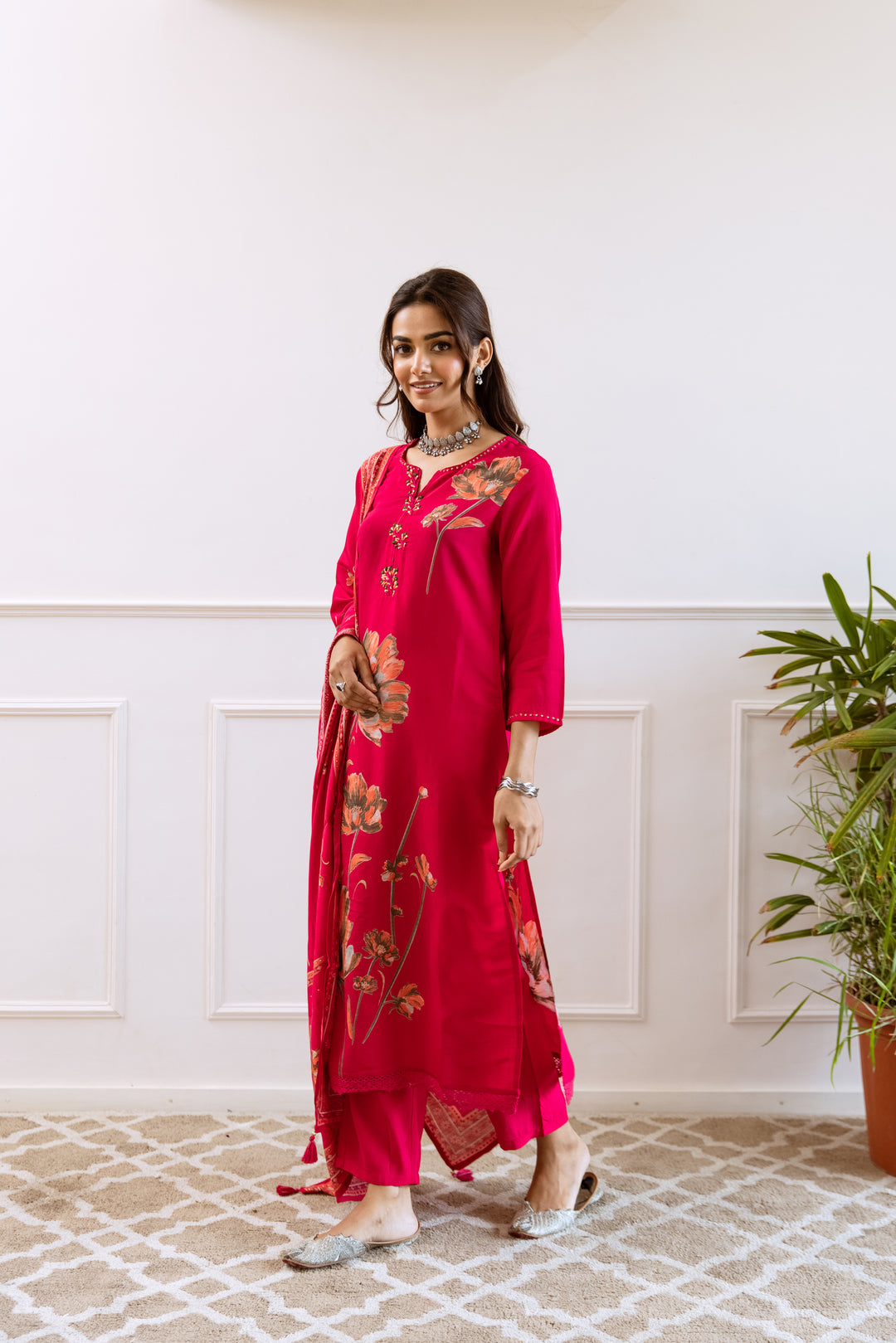 womens Pink Modal Muslin Kurta Pant and Dupatta Set