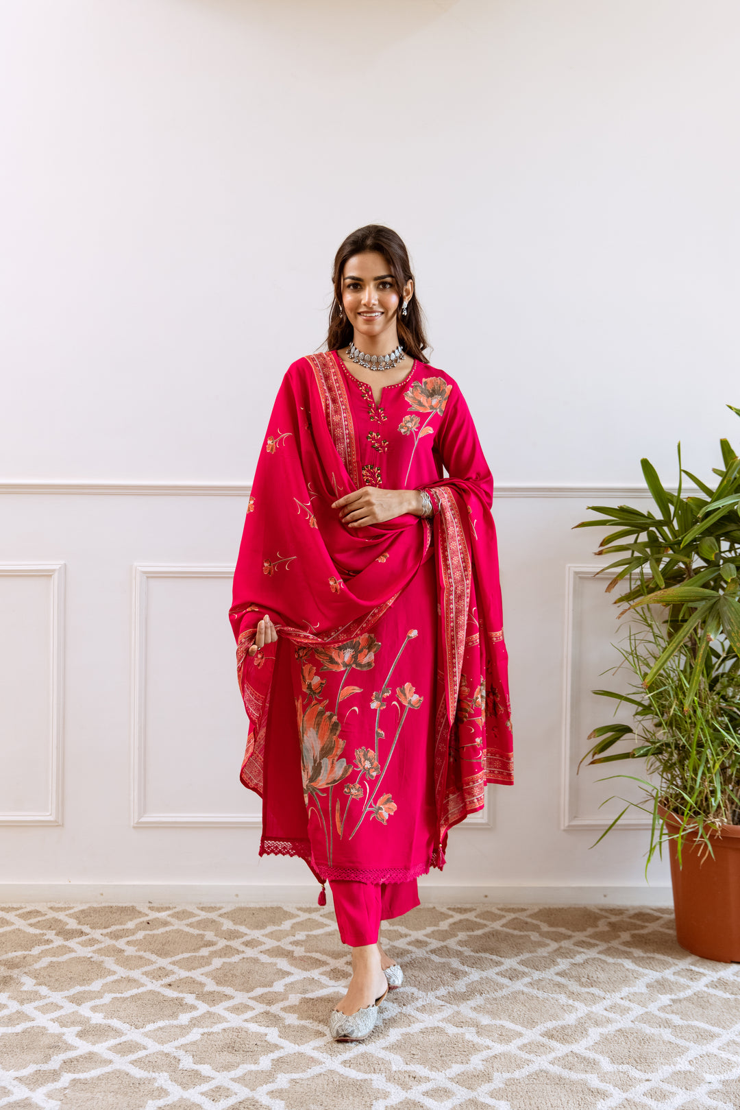 womens Pink Modal Muslin Kurta Pant and Dupatta Set