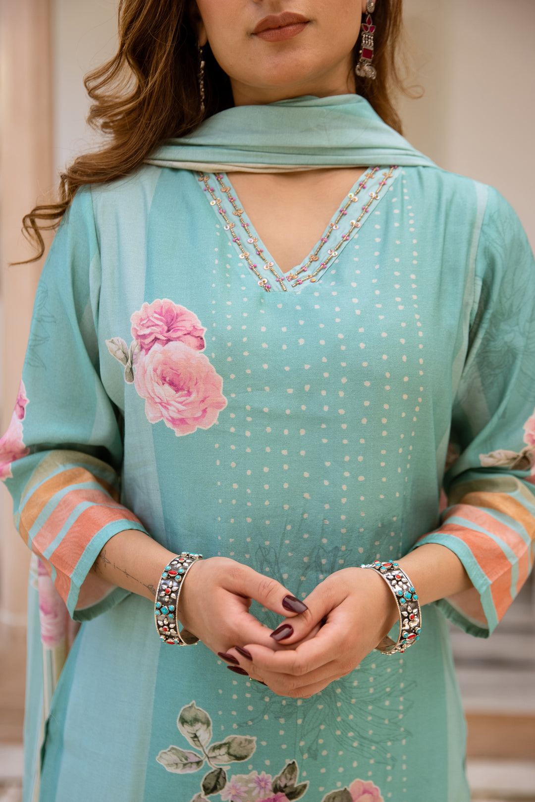 womens Turquoise Modal Muslin Kurta Pant and Dupatta Set