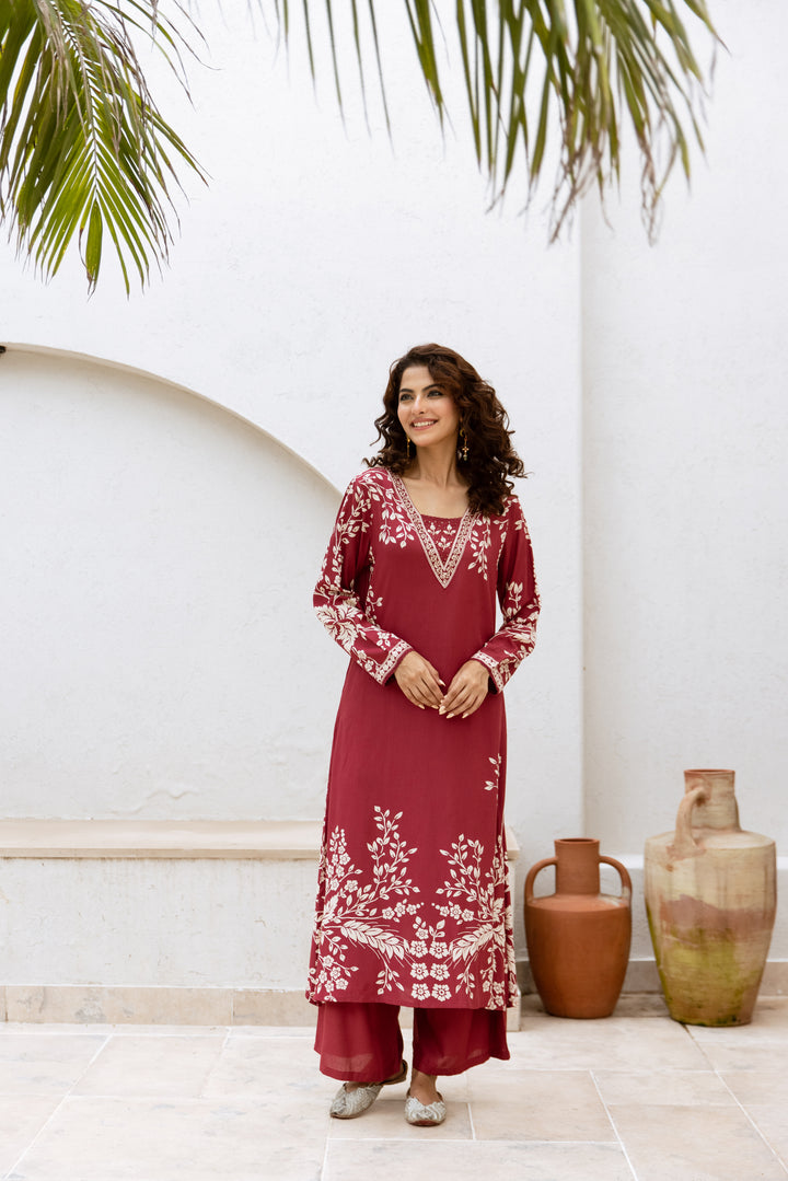 womens Wine Rayon Kurta Palazzo Set