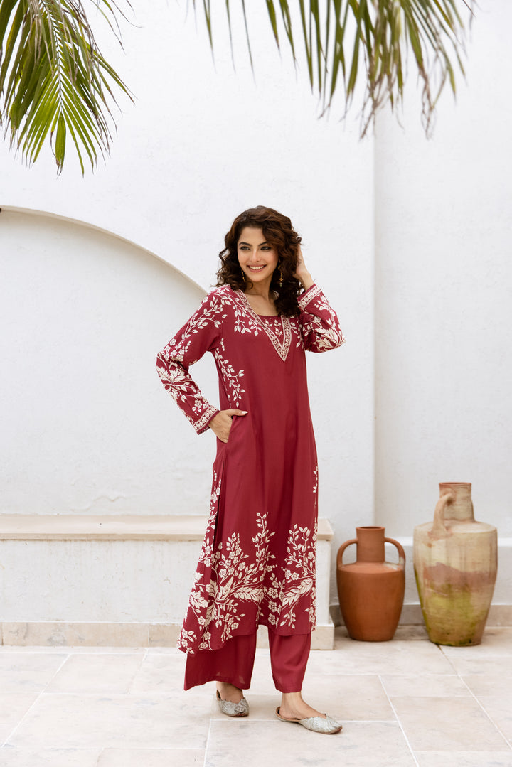 womens Wine Rayon Kurta Palazzo Set