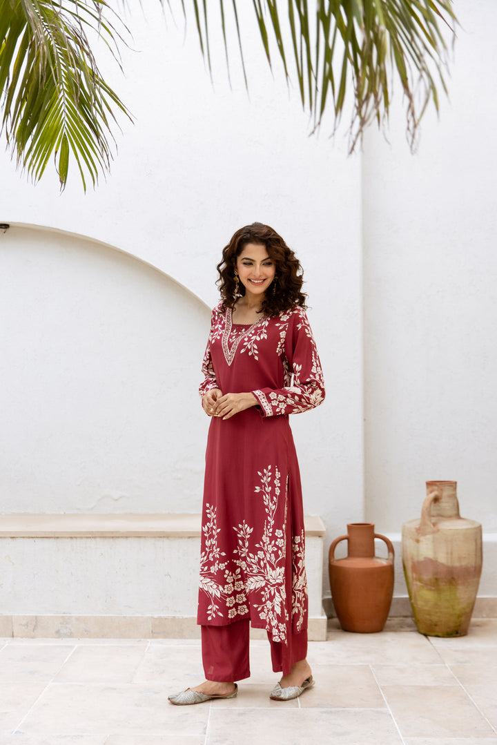 womens Wine Rayon Kurta Palazzo Set