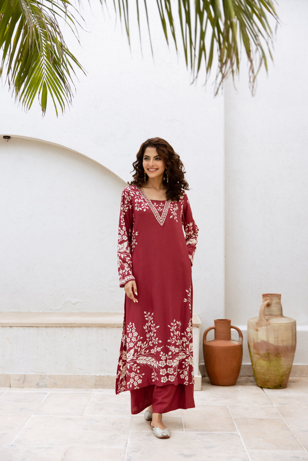 womens Wine Rayon Kurta Palazzo Set