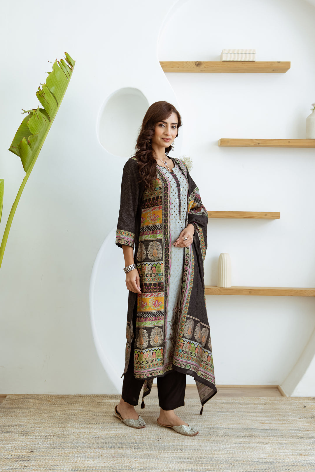 womens Black::Grey Modal Muslin Kurta Pant and Dupatta Set