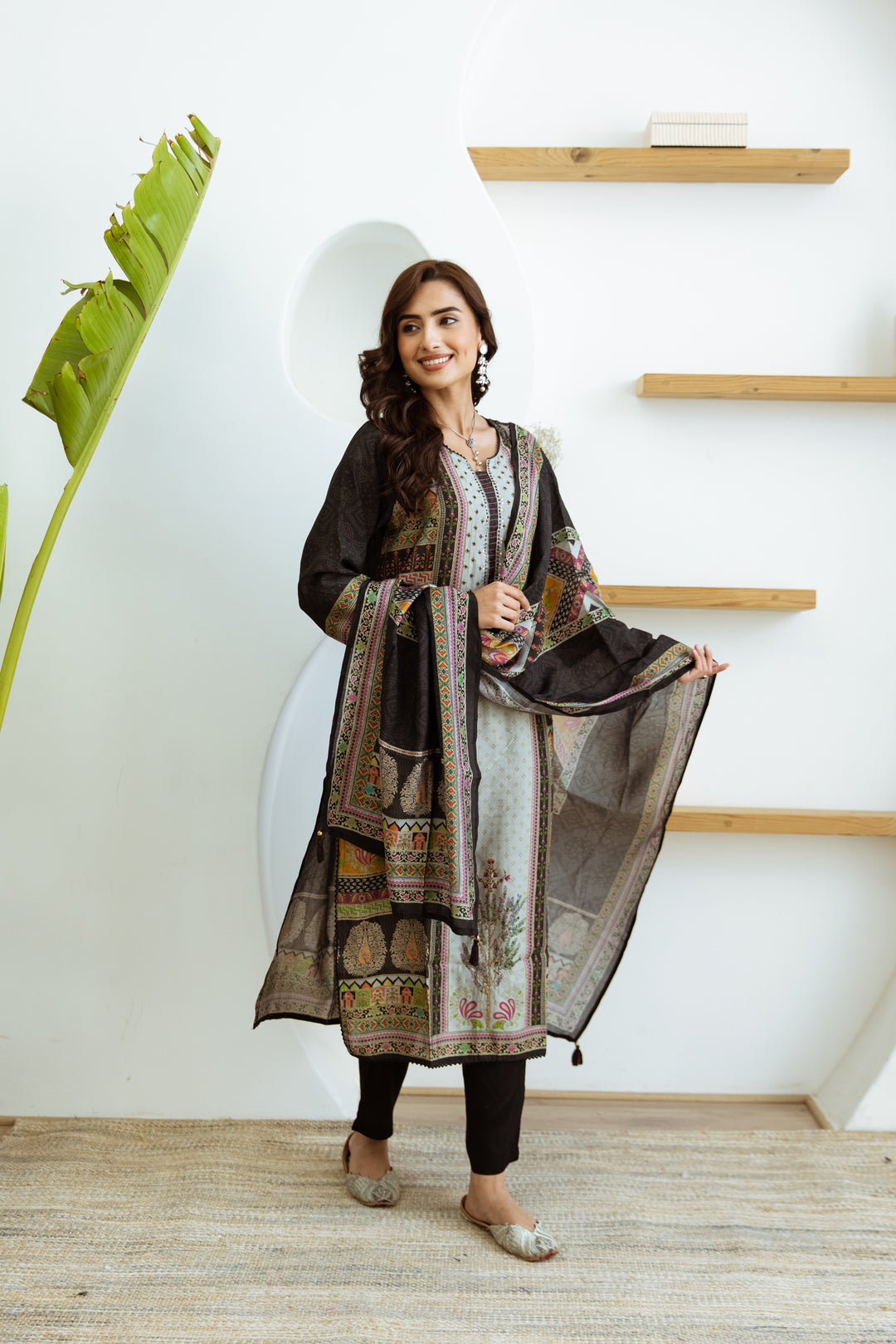 womens Black::Grey Modal Muslin Kurta Pant and Dupatta Set