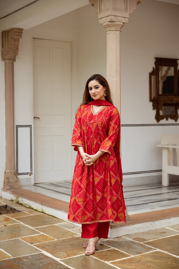 womens Red Modal Muslin Kurta Palazzo and Dupatta Set