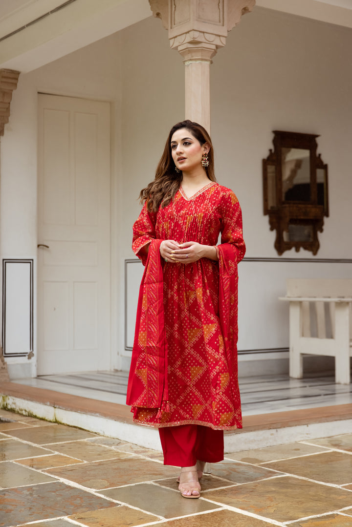 womens Red Modal Muslin Kurta Palazzo and Dupatta Set