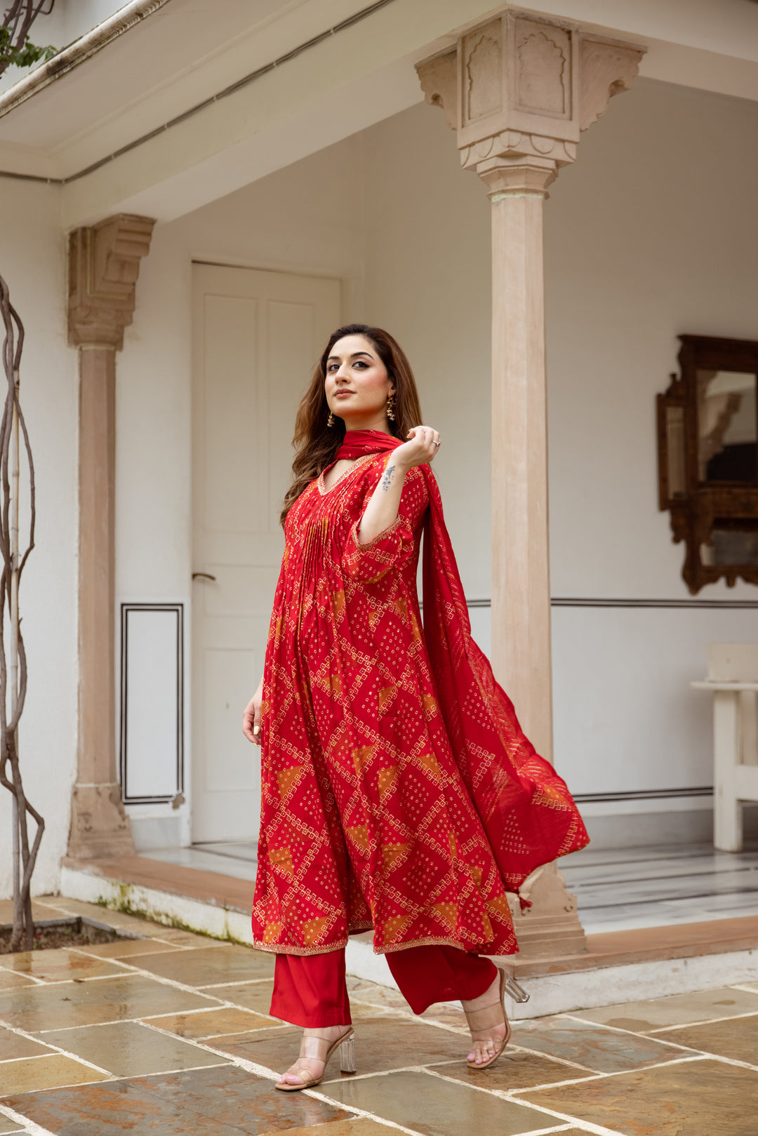 womens Red Modal Muslin Kurta Palazzo and Dupatta Set