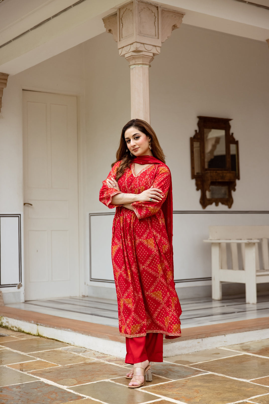 Ishin Women's Red Embroidered Cotton Kurta Set With Dupatta & Trouser - A-Line Ethnic Wear For Festive Occasions