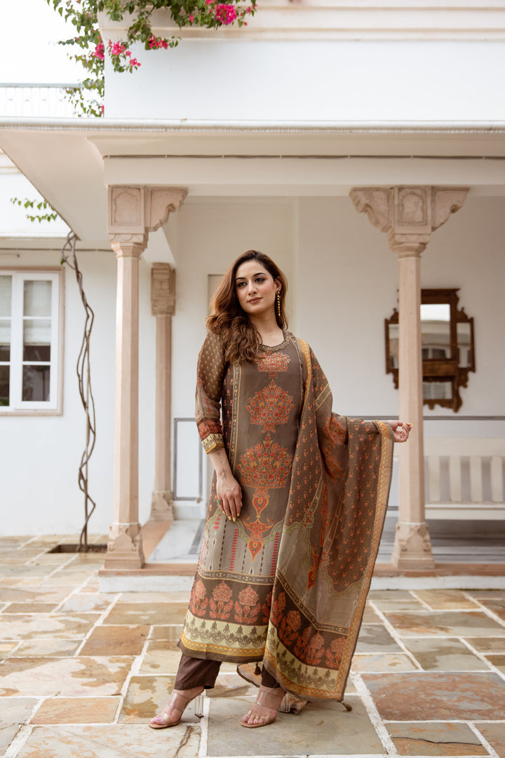 womens Coffee Brown Tissue Shimmer Kurta Pant and Dupatta Set