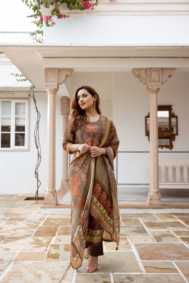 womens Coffee Brown Tissue Shimmer Kurta Pant and Dupatta Set