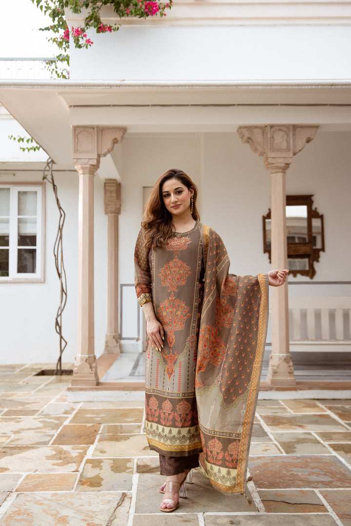 womens Coffee Brown Tissue Shimmer Kurta Pant and Dupatta Set