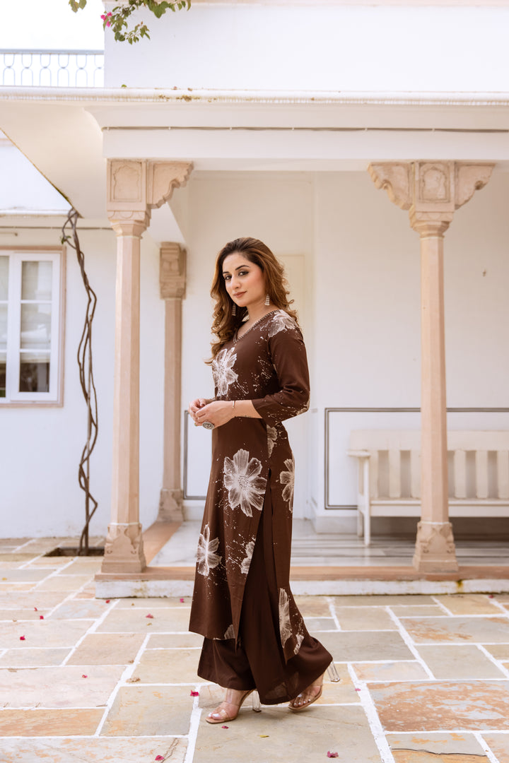 womens Coffee Brown Rayon Kurta Palazzo Set