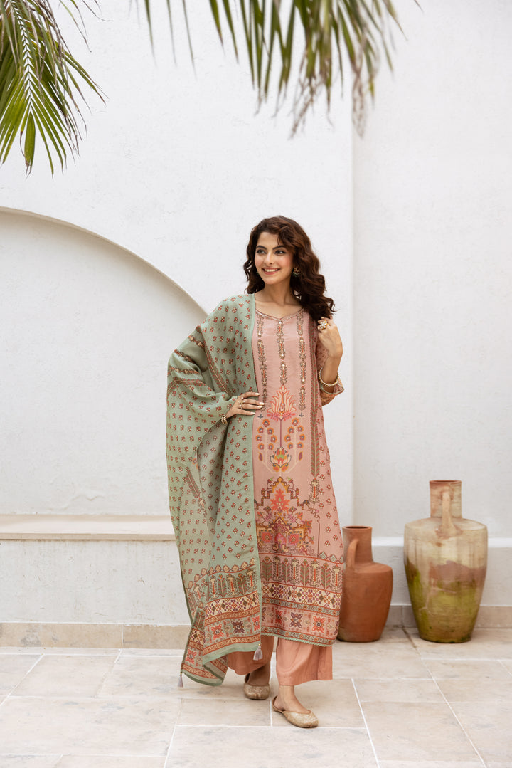 womens Peach Tissue Shimmer Kurta Palazzo and Dupatta Set