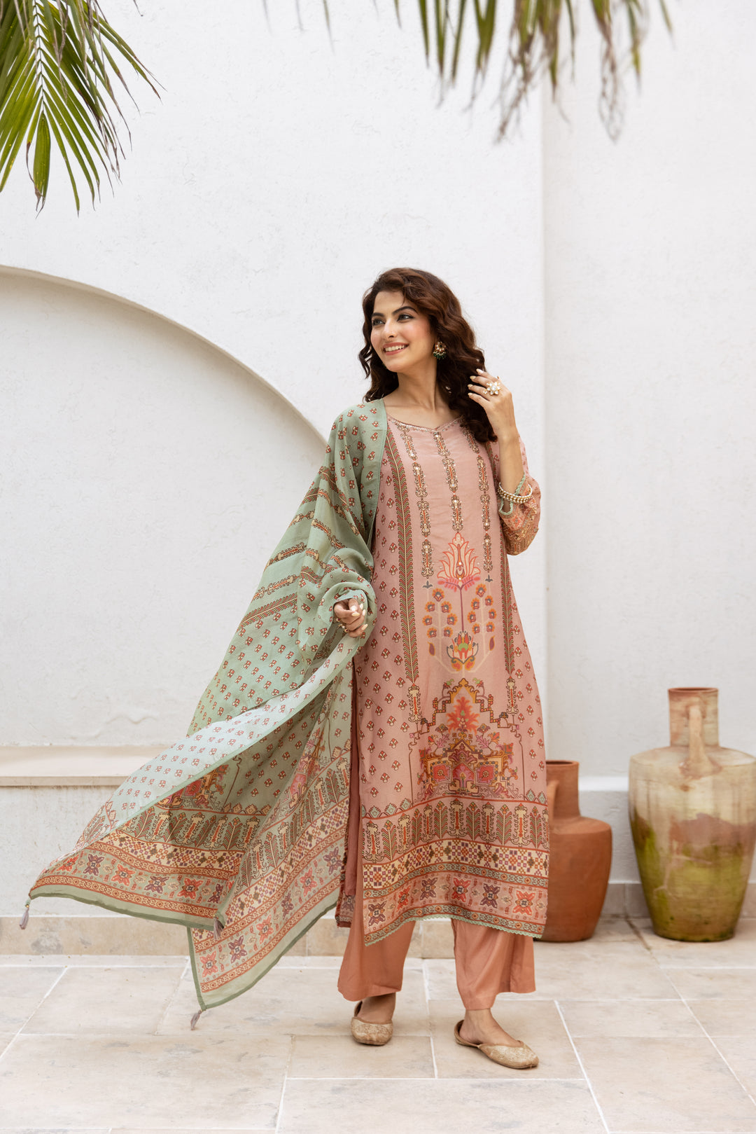 womens Peach Tissue Shimmer Kurta Palazzo and Dupatta Set