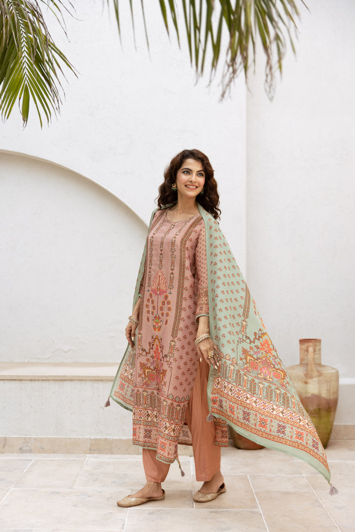 womens Peach Tissue Shimmer Kurta Palazzo and Dupatta Set