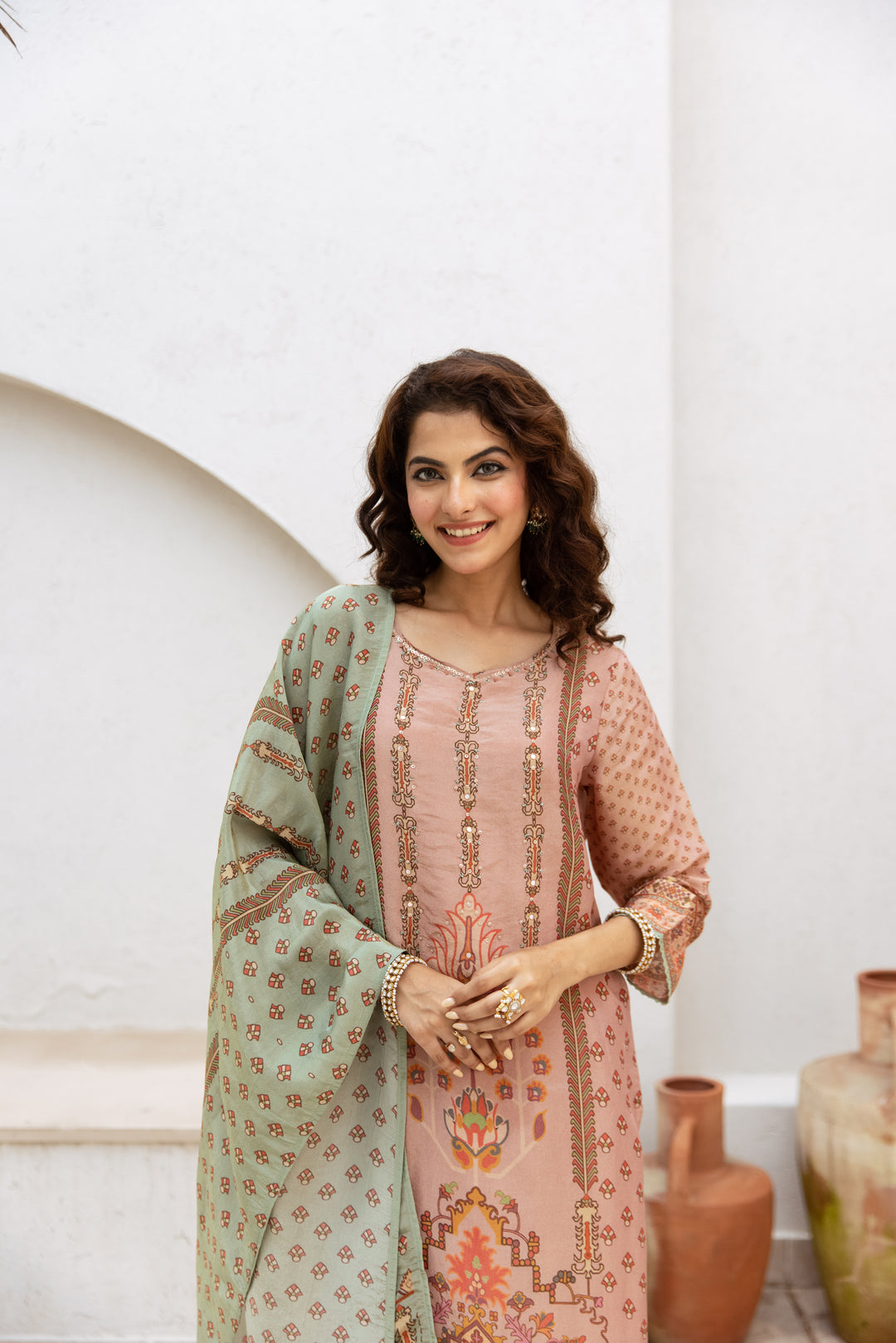 womens Peach Tissue Shimmer Kurta Palazzo and Dupatta Set