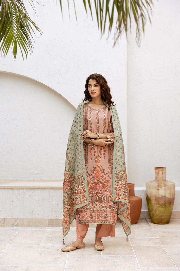 womens Peach Tissue Shimmer Kurta Palazzo and Dupatta Set