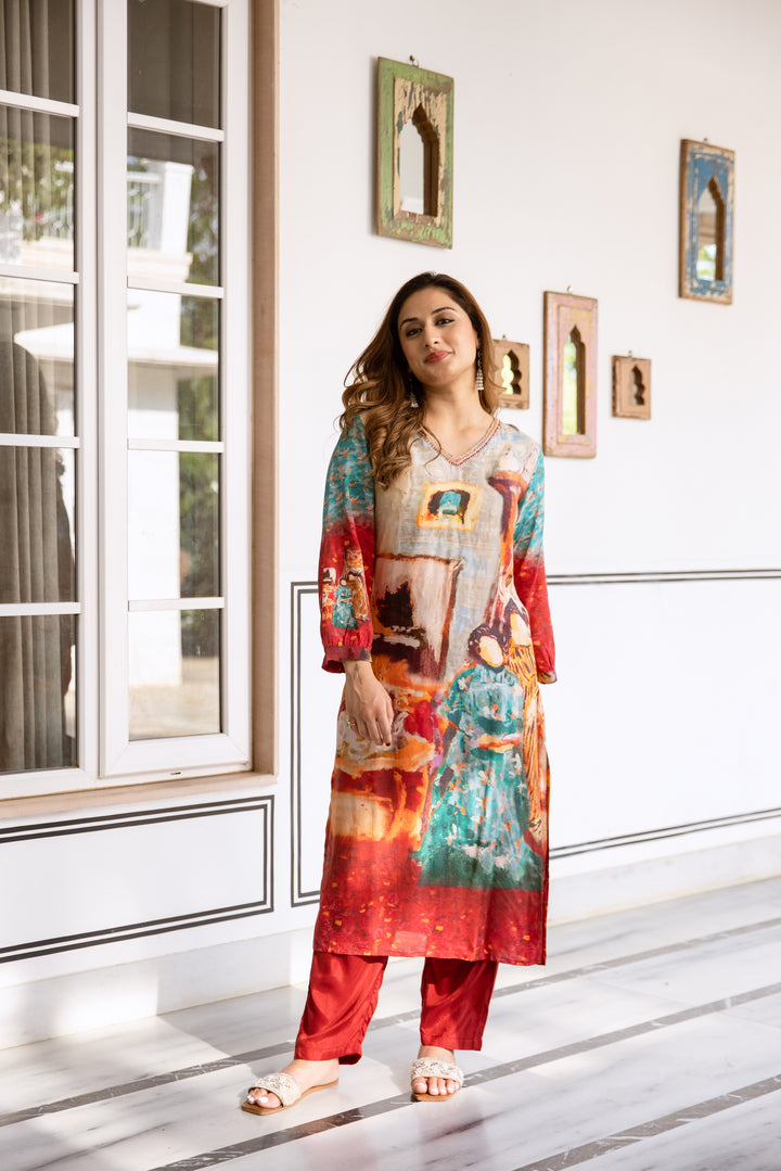 womens Multicolor Viscose Muslin Kurta Pant Set