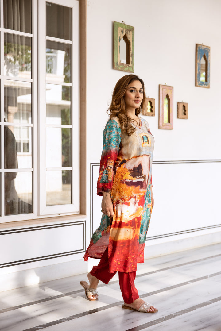 womens Multicolor Viscose Muslin Kurta Pant Set