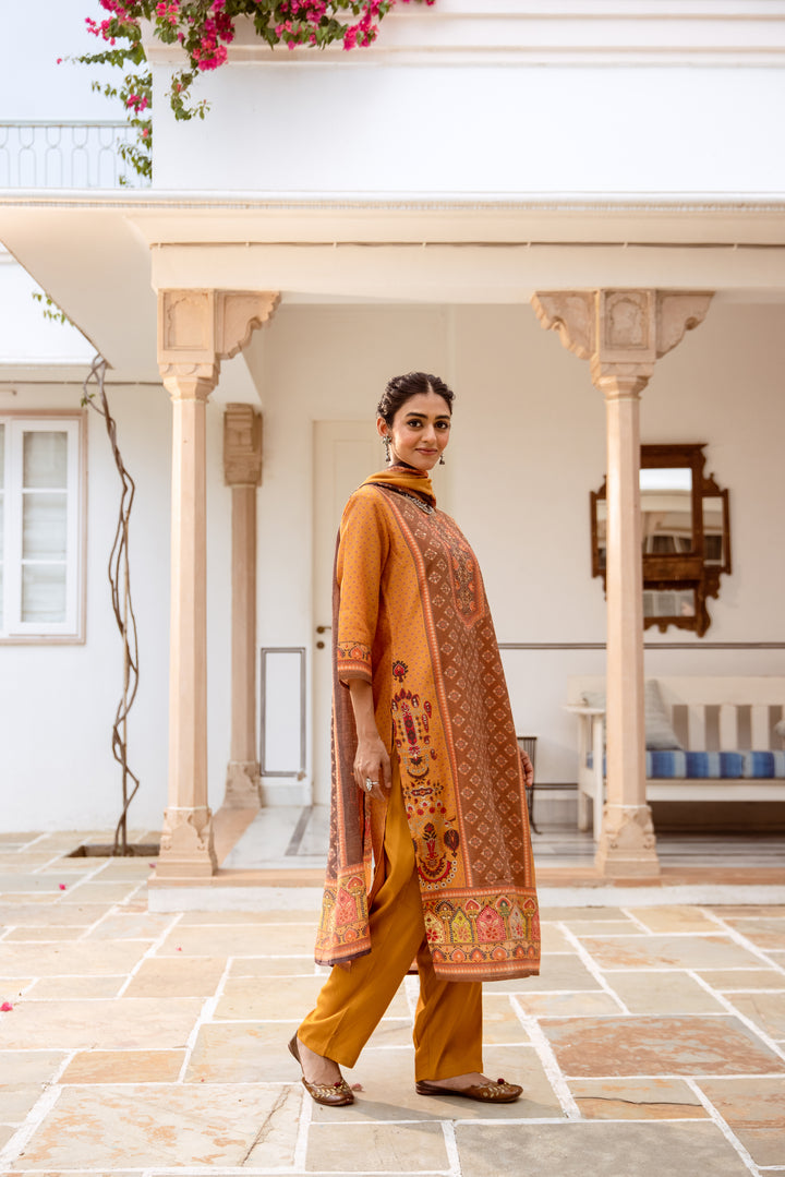 womens Mustard::Brown Modal Shimmer Kurta Pant and Dupatta Set