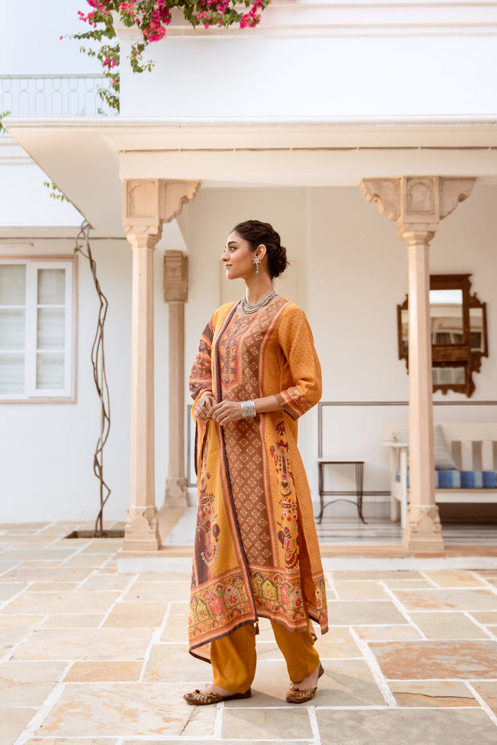 womens Mustard::Brown Modal Shimmer Kurta Pant and Dupatta Set