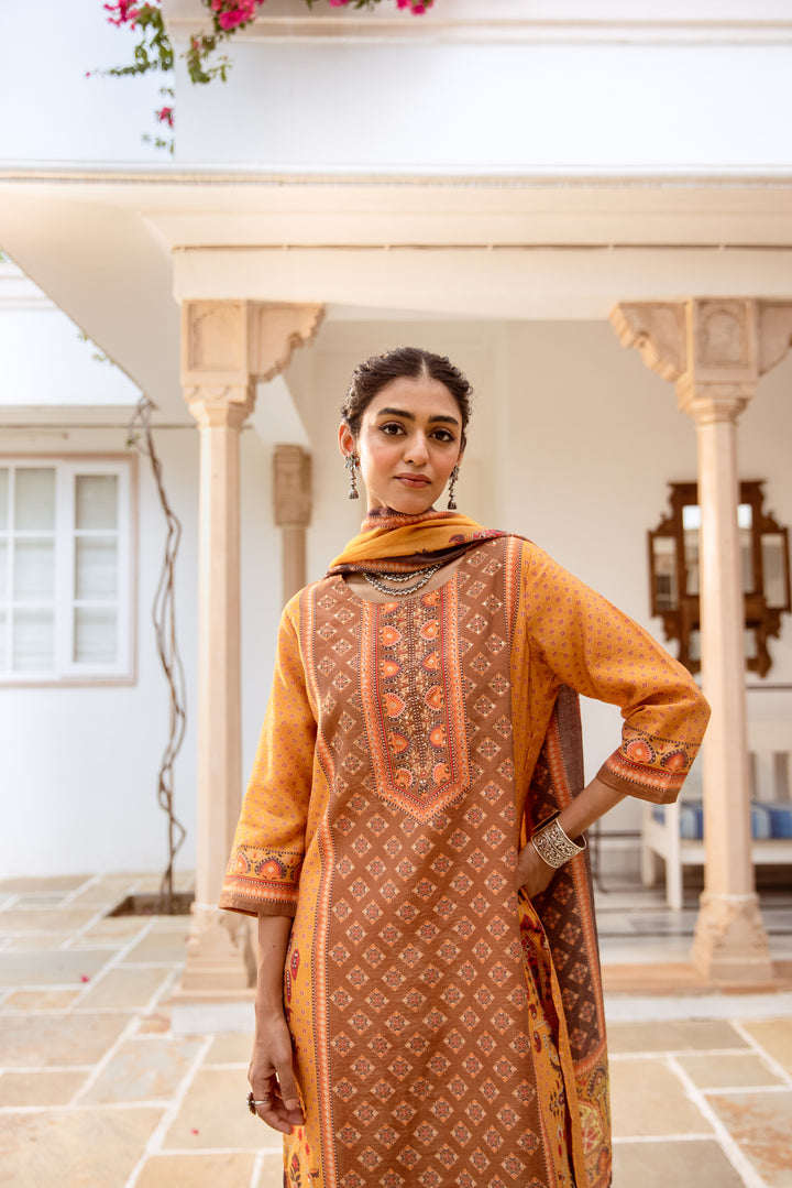 womens Mustard::Brown Modal Shimmer Kurta Pant and Dupatta Set