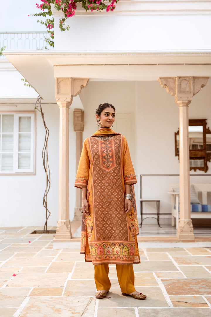 womens Mustard::Brown Modal Shimmer Kurta Pant and Dupatta Set