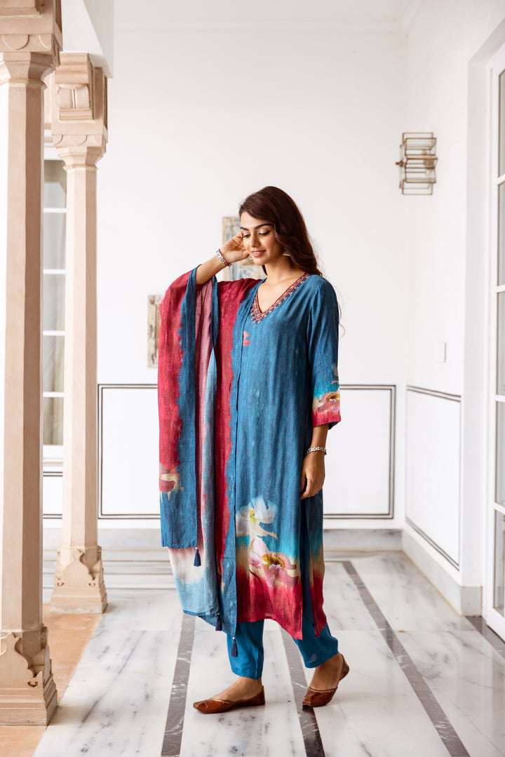 womens Blue Viscose Shimmer (Art Silk) Kurta Pant and Dupatta Set