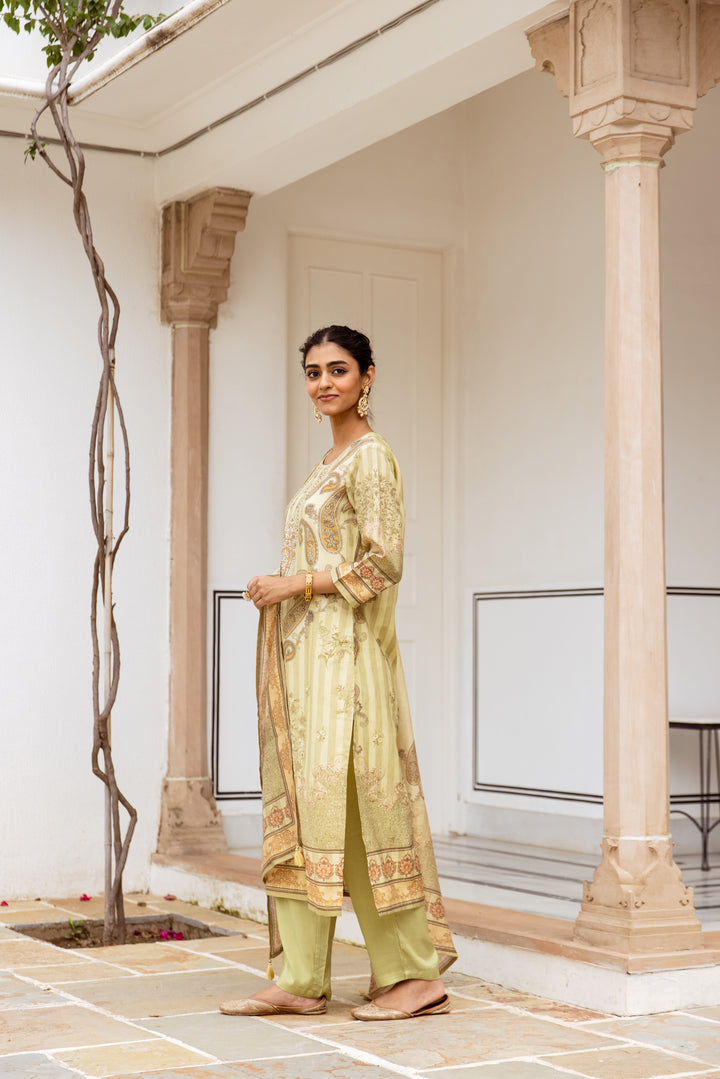 womens Green Modal Shimmer Kurta Pant and Dupatta Set