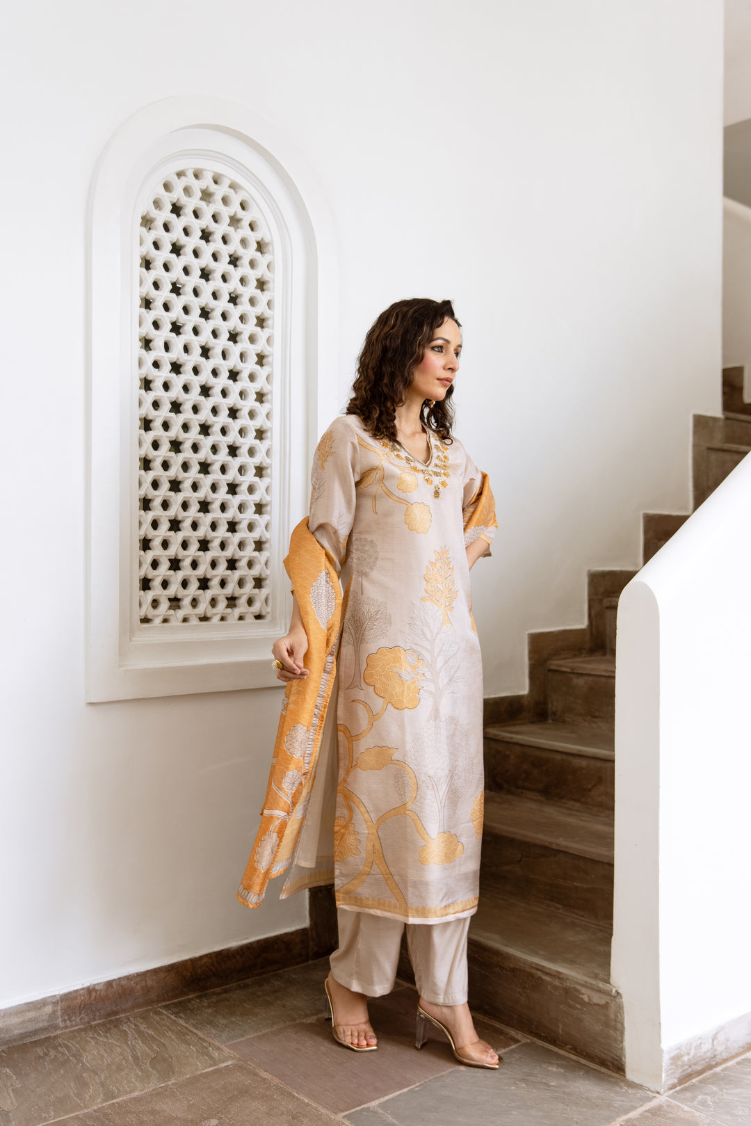 womens Cream Tissue Shimmer Kurta Pant and Dupatta Set