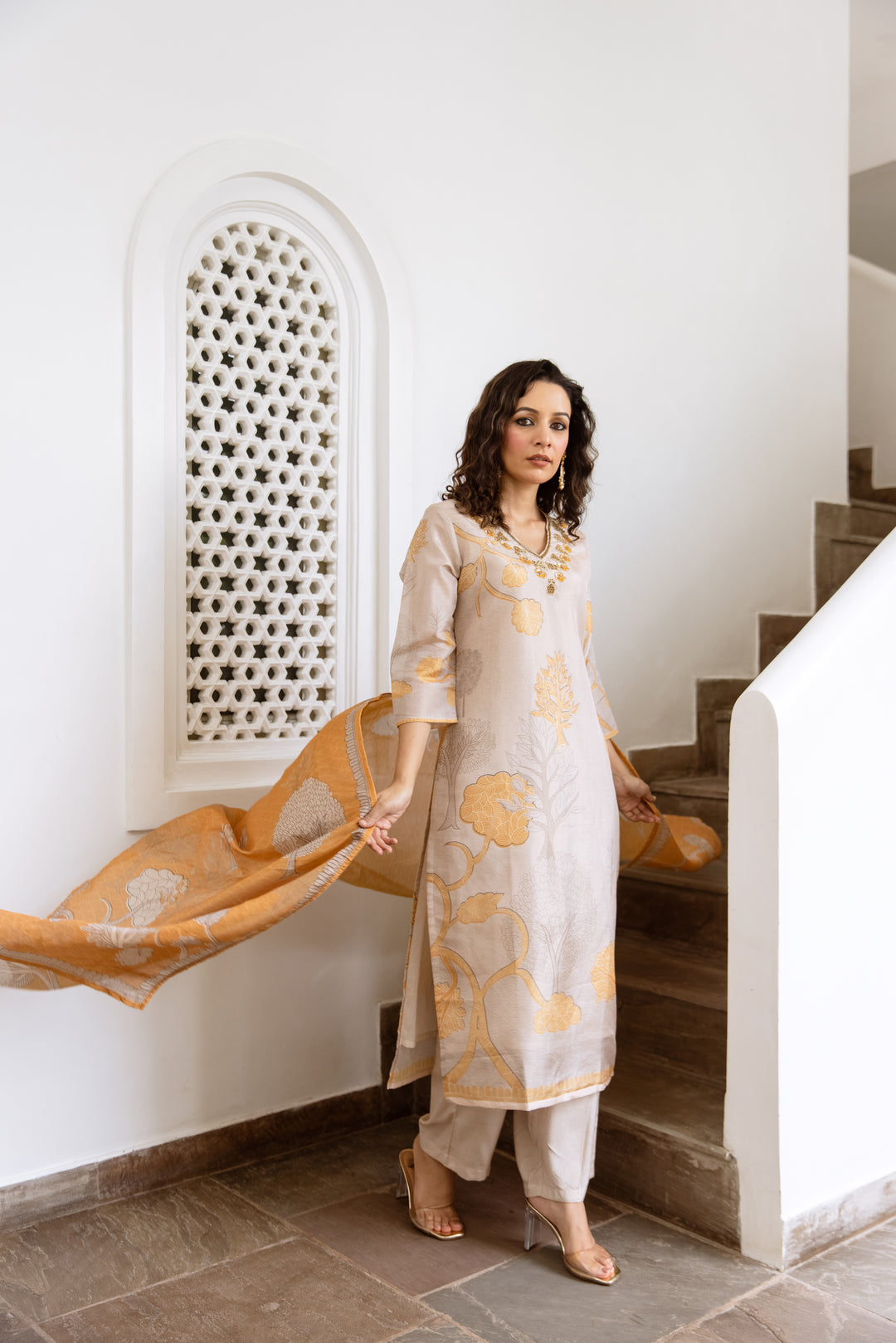 womens Cream Tissue Shimmer Kurta Pant and Dupatta Set