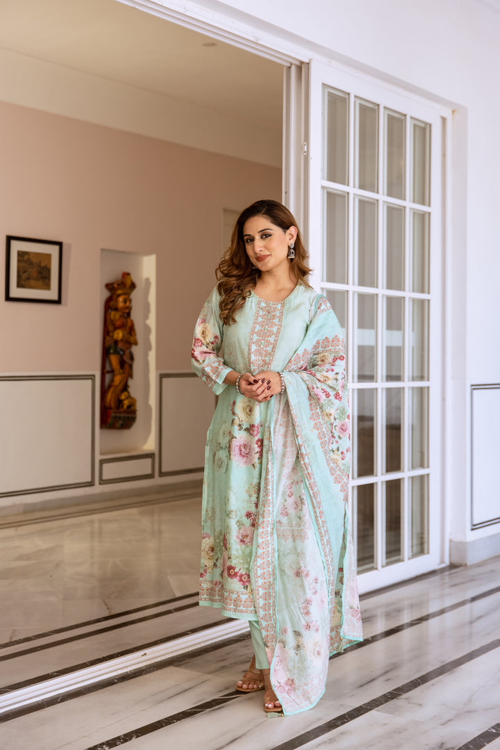 womens Turquoise Modal Muslin Kurta Pant and Dupatta Set