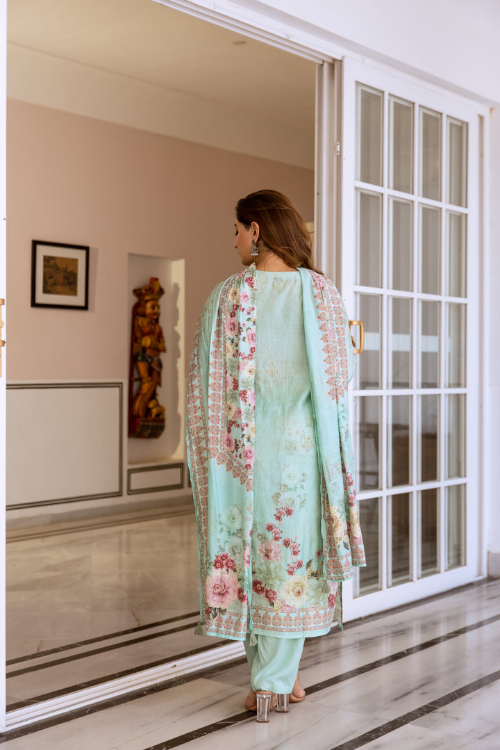 womens Turquoise Modal Muslin Kurta Pant and Dupatta Set