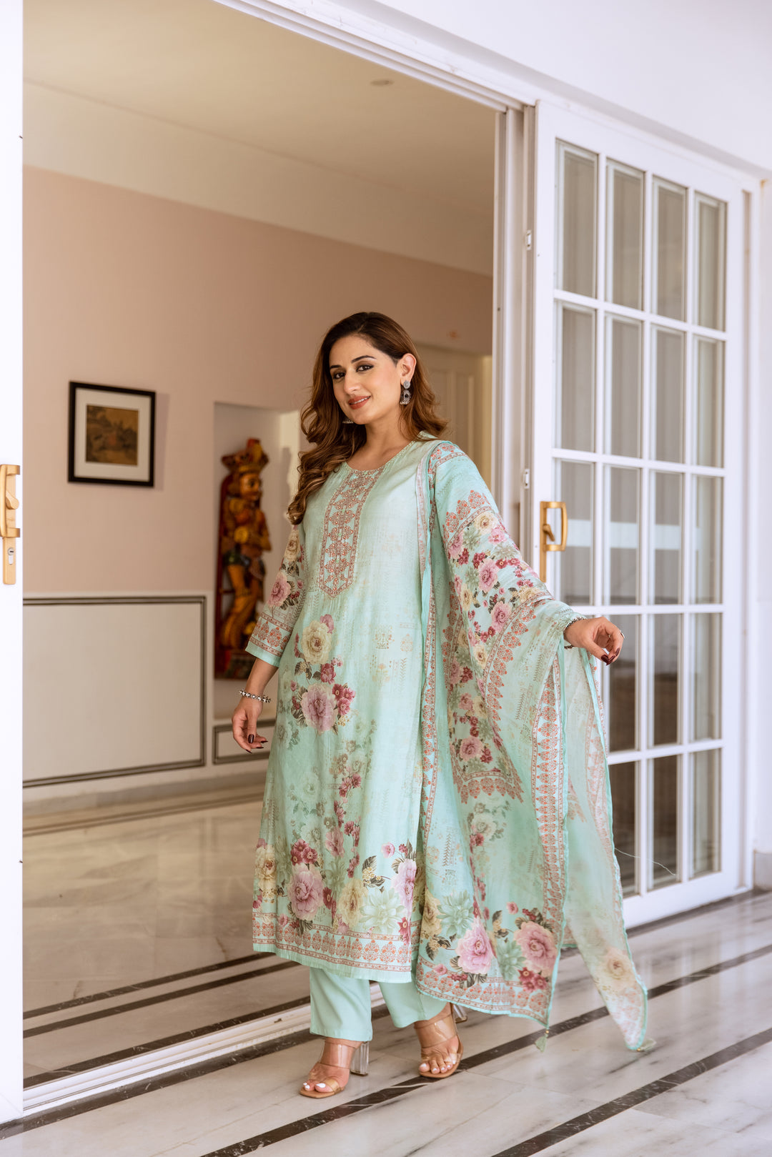 womens Turquoise Modal Muslin Kurta Pant and Dupatta Set