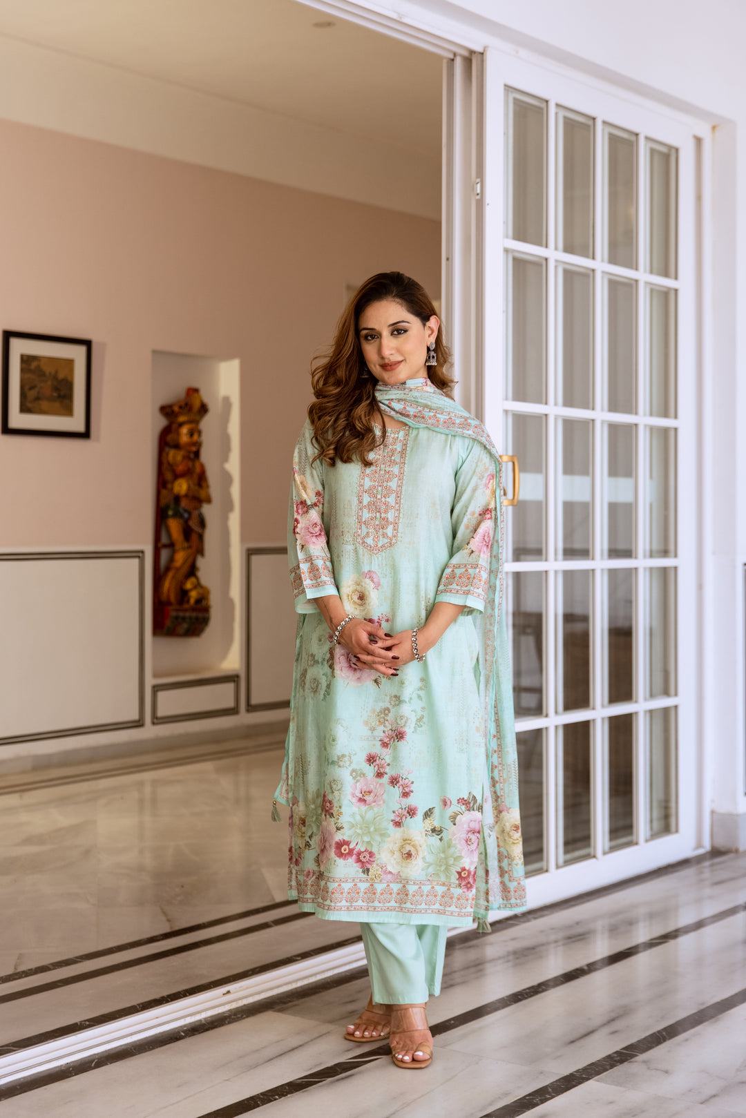 womens Turquoise Modal Muslin Kurta Pant and Dupatta Set