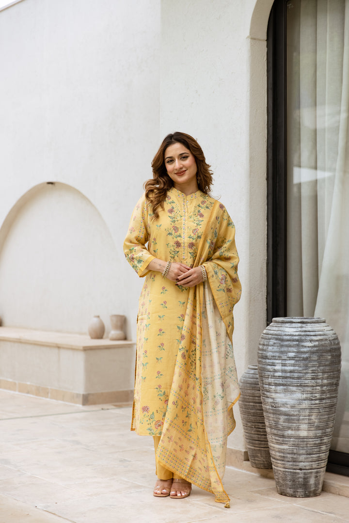 womens Yellow Modal Shimmer Kurta Pant and Dupatta Set