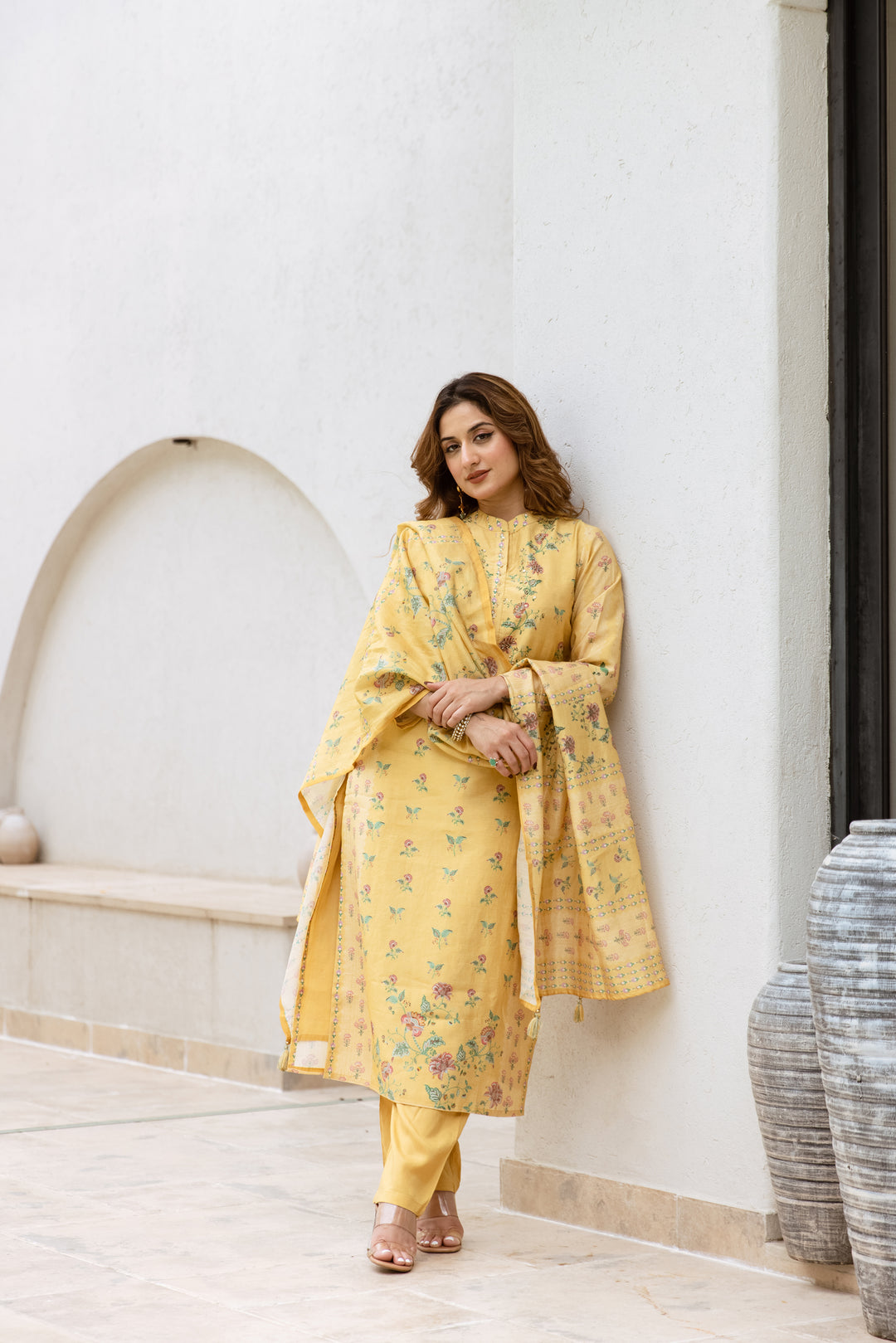 womens Yellow Modal Shimmer Kurta Pant and Dupatta Set