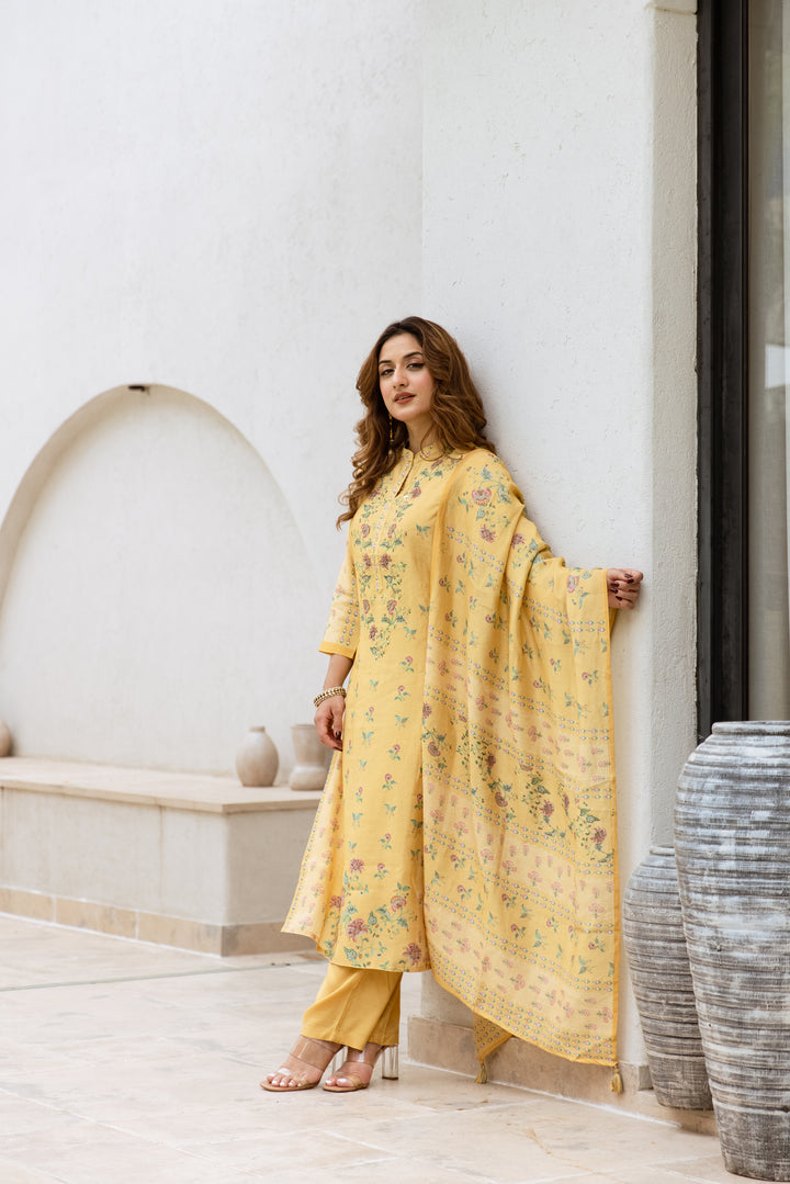 womens Yellow Modal Shimmer Kurta Pant and Dupatta Set