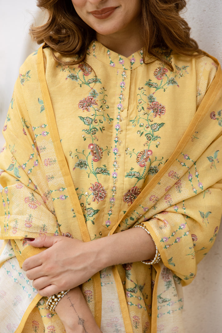 womens Yellow Modal Shimmer Kurta Pant and Dupatta Set