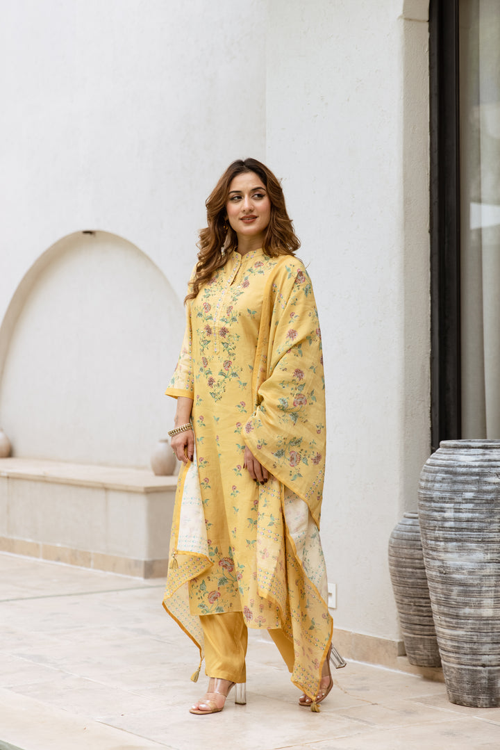 womens Yellow Modal Shimmer Kurta Pant and Dupatta Set