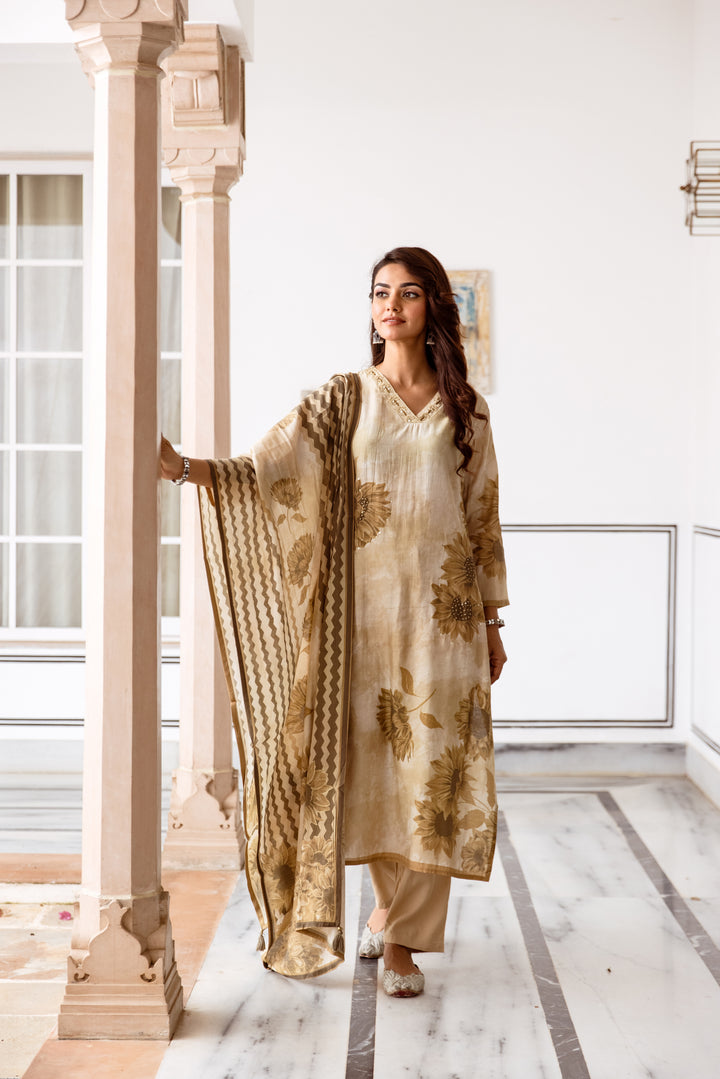 womens Beige Art Silk Kurta Pant and Dupatta Set