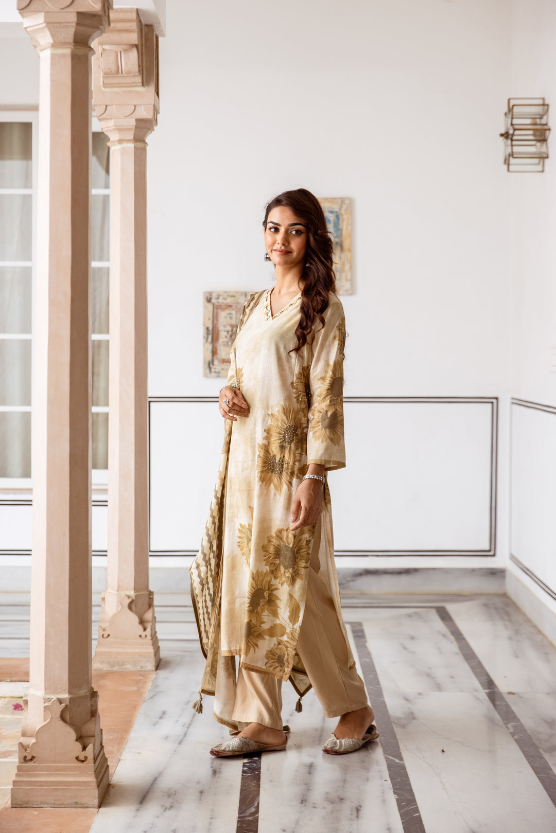 womens Beige Art Silk Kurta Pant and Dupatta Set