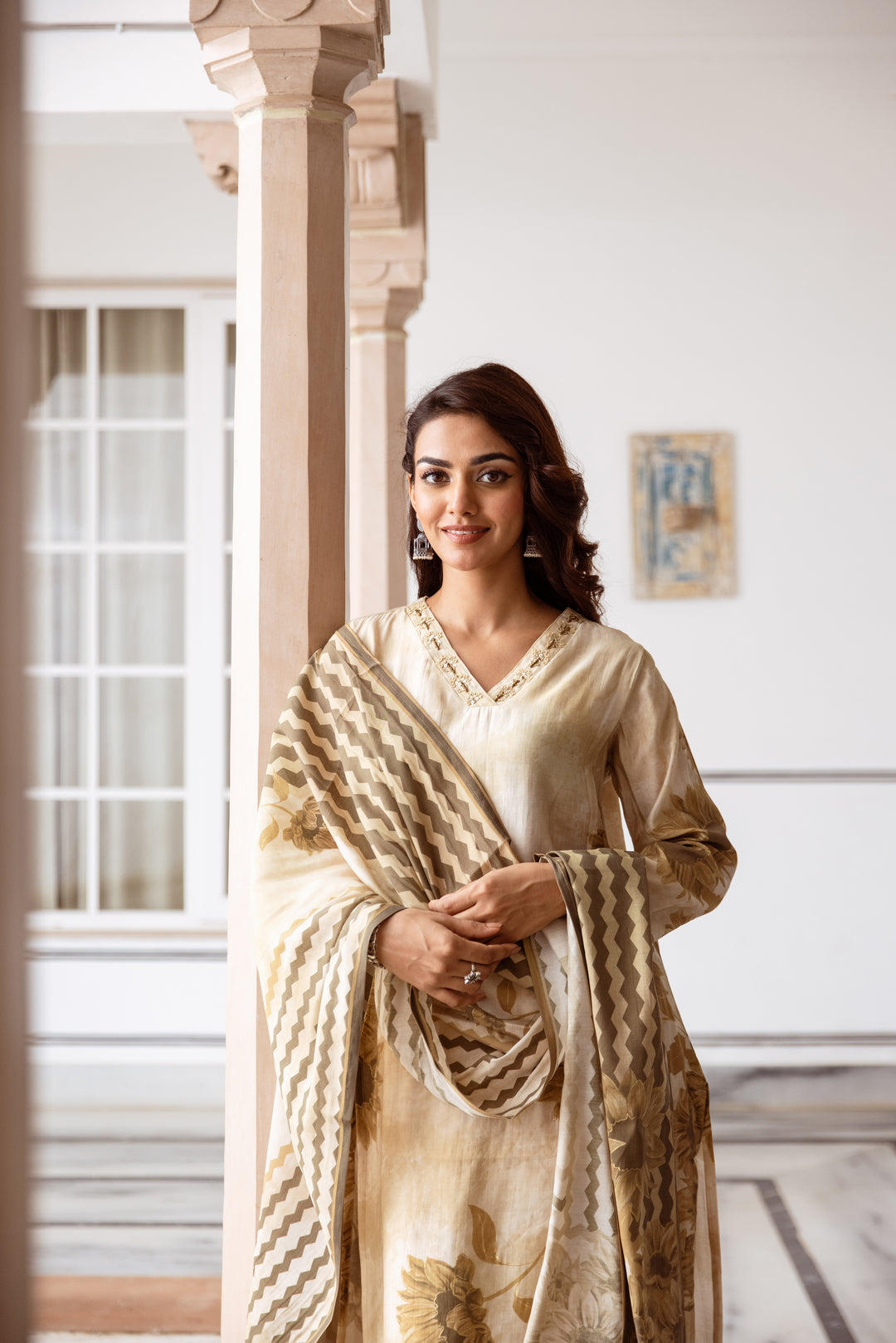 womens Beige Art Silk Kurta Pant and Dupatta Set