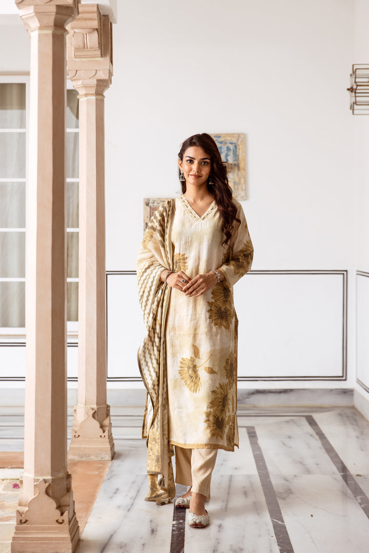 womens Beige Art Silk Kurta Pant and Dupatta Set