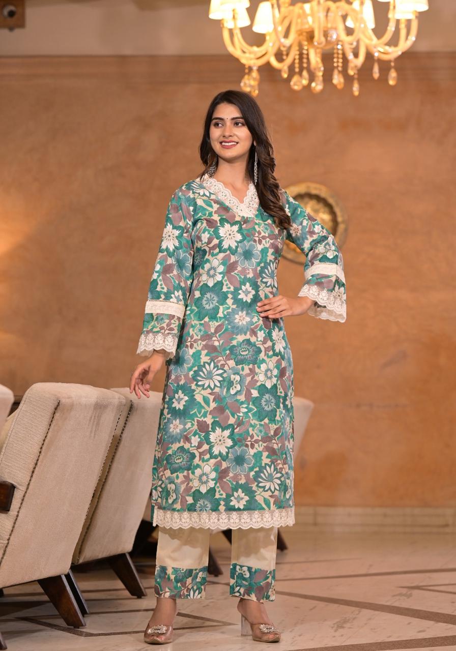 Women's Teal Rayon Kurta, Pant & Dupatta Set