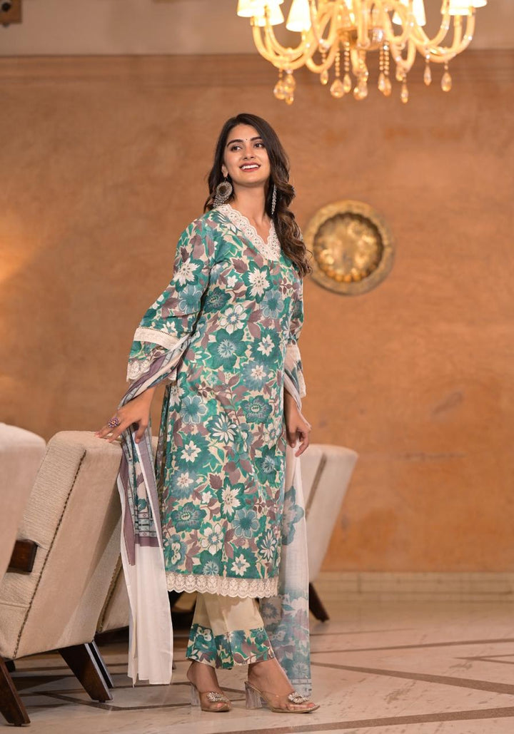 Women's Teal Rayon Kurta, Pant & Dupatta Set