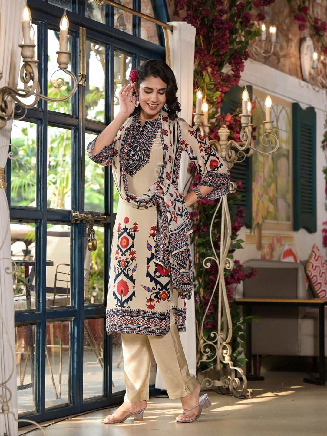 Women's Beige Cotton Kurta, Pant & Dupatta Set